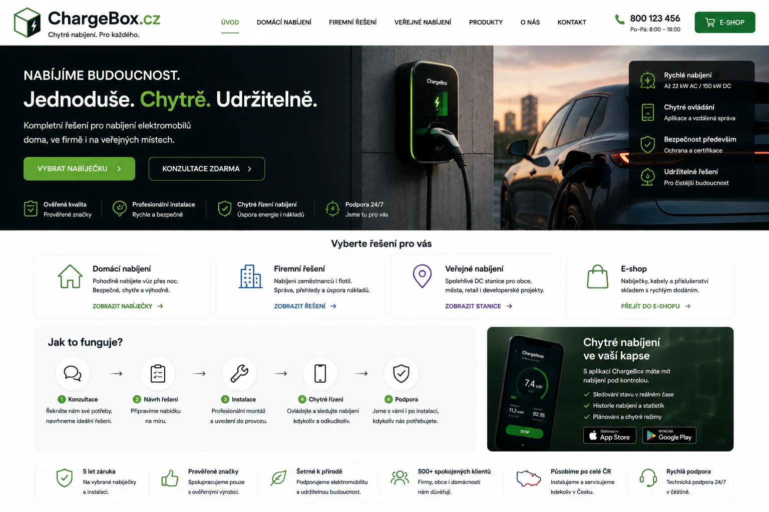 Ilustrační návrh webu ChargeBox.cz pro nabídku domácího, firemního a veřejného nabíjení elektromobilů